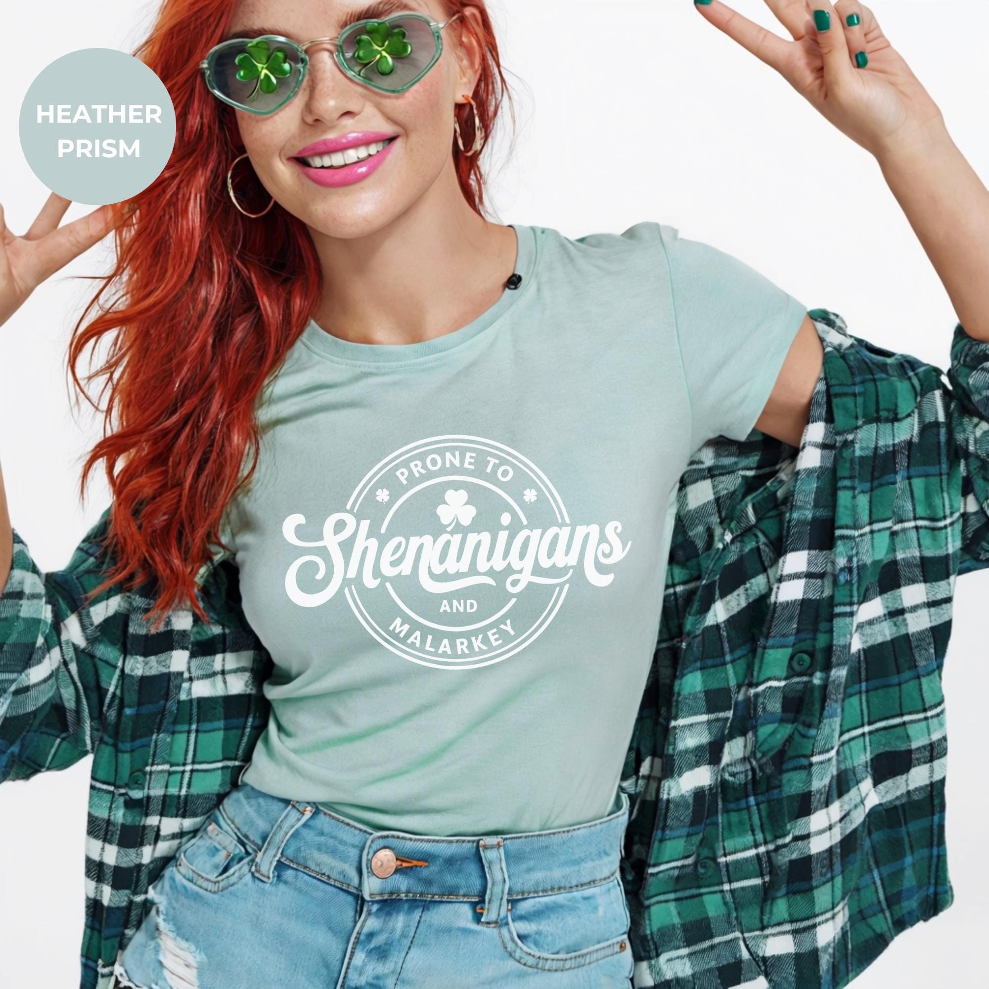 St. Patrick's Day T-Shirt for Women – Prone to shenanigans and malarkey, Funny Irish Tee – Lucky Clover Top – Aesthetic Crochet Shirt