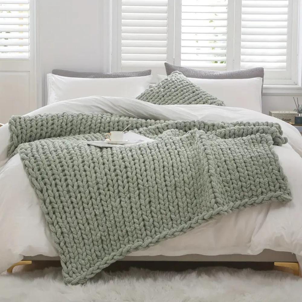 Luxurious Chunky Knit Blanket - Lime Cream Chenille Yarn - 40" x 60" Soft Throw for Cozy Living Room Décor