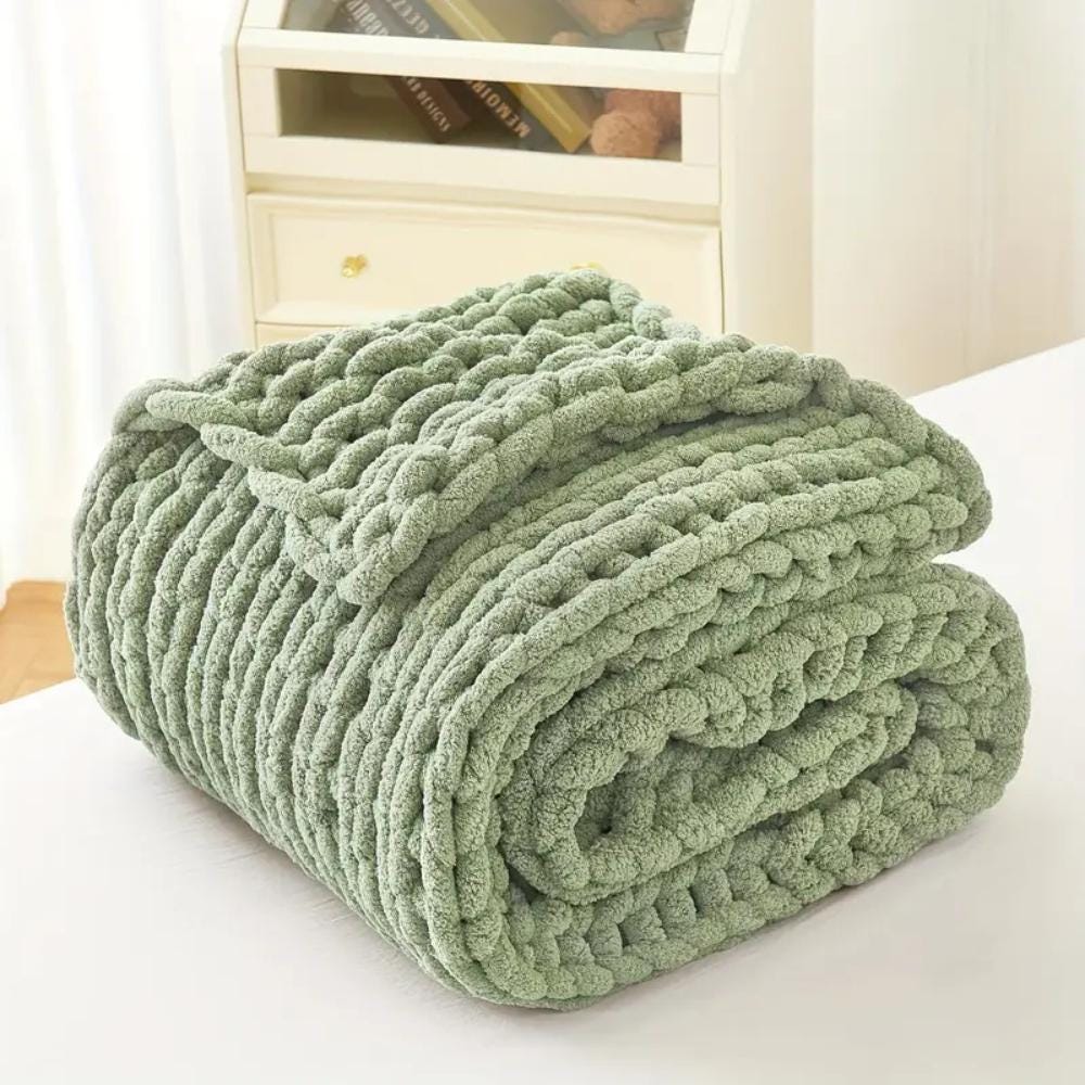 Luxurious Chunky Knit Blanket - Lime Cream Chenille Yarn - 40" x 60" Soft Throw for Cozy Living Room Décor