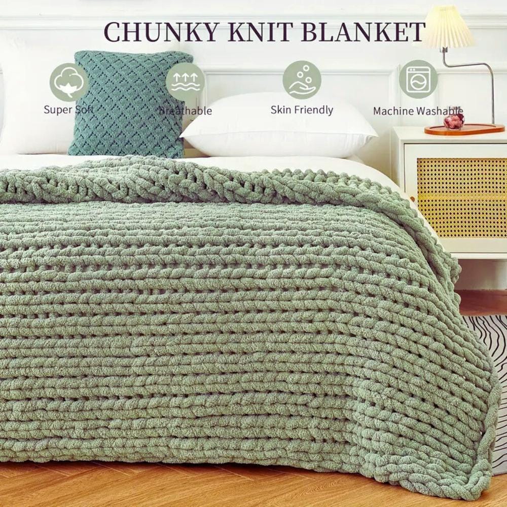 Luxurious Chunky Knit Blanket - Lime Cream Chenille Yarn - 40" x 60" Soft Throw for Cozy Living Room Décor