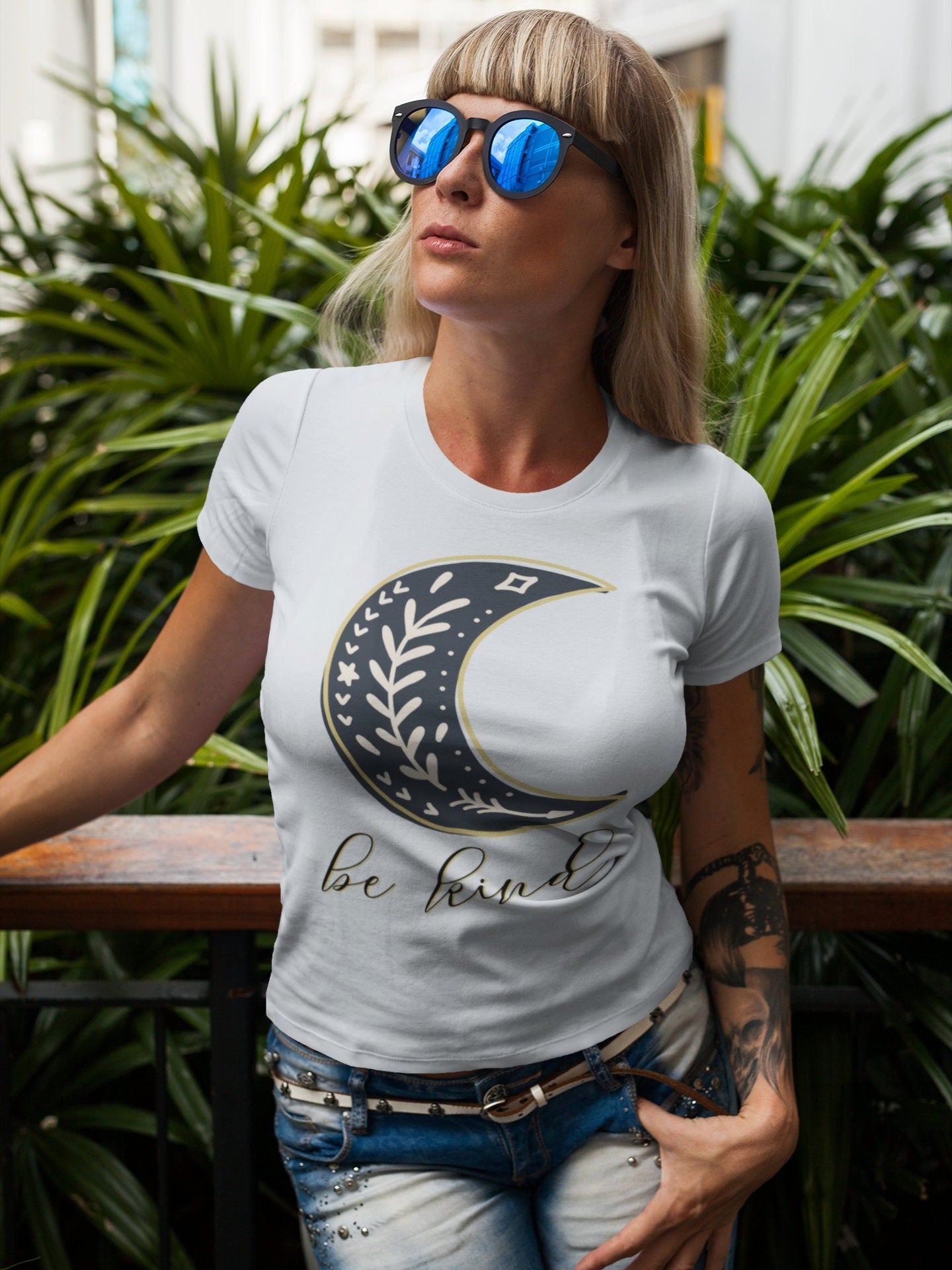 Be Kind Half Moon T-Shirt | Be Kind Unisex Shirt | Womens T Shirts | Moon Love Shirt | Short Sleeve Womens Casual Top | Handmade Unisex Tee