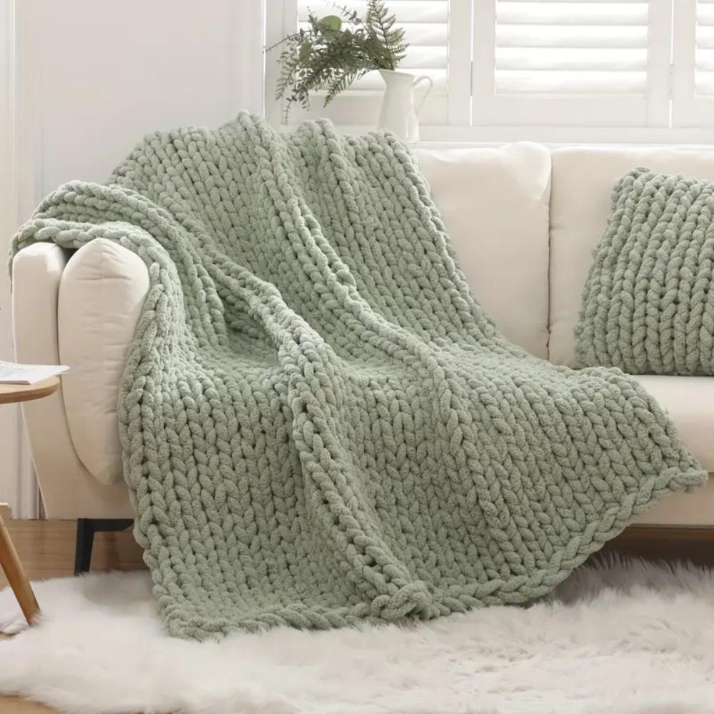 Luxurious Chunky Knit Blanket - Lime Cream Chenille Yarn - 40" x 60" Soft Throw for Cozy Living Room Décor