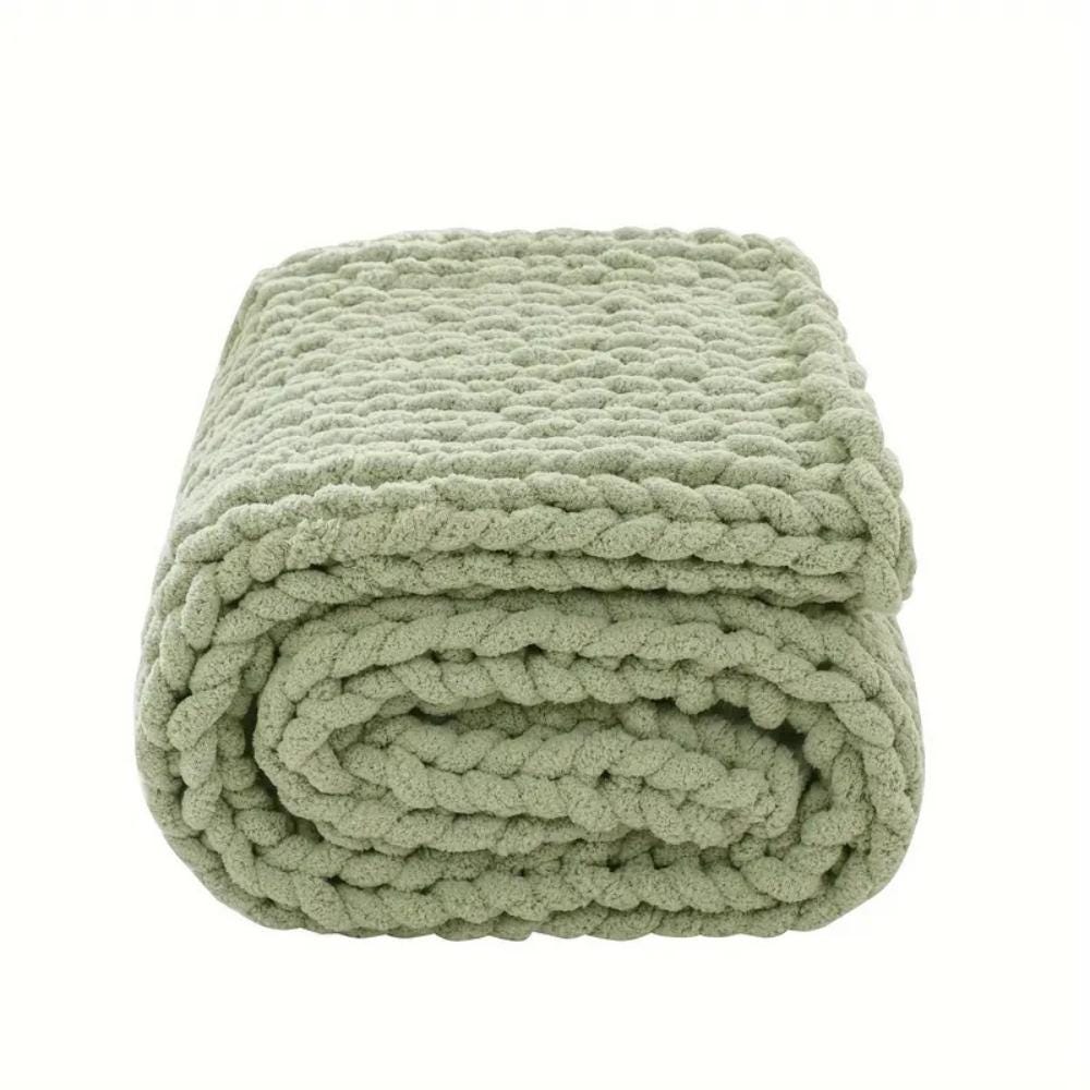 Luxurious Chunky Knit Blanket - Lime Cream Chenille Yarn - 40" x 60" Soft Throw for Cozy Living Room Décor