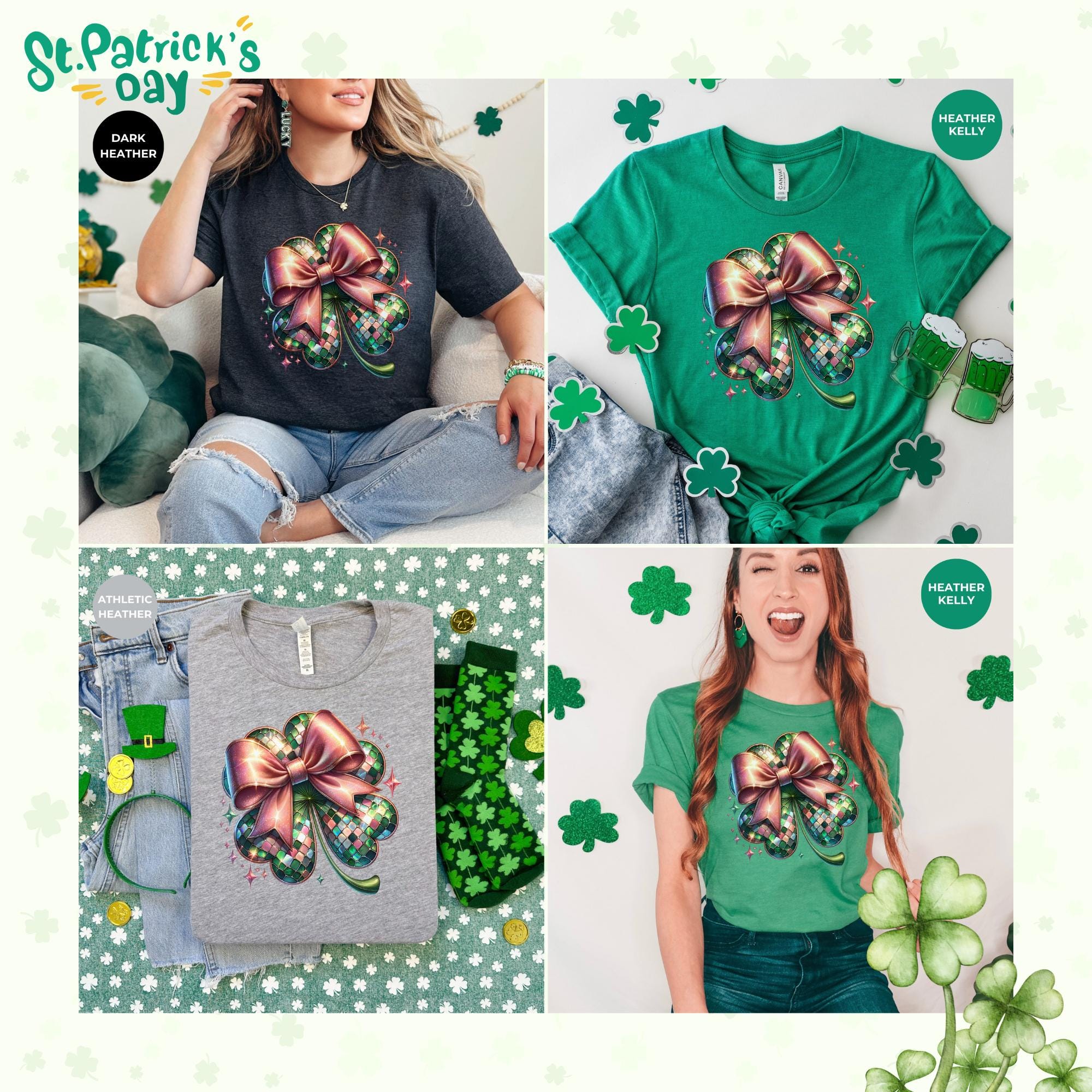 flower ribbon shirt - St patrick's Day Bow Coquette Day - Green Shirt - Irish Graphic Tee - Funny St. Patrick Day Shirt - Shamrock Shirt