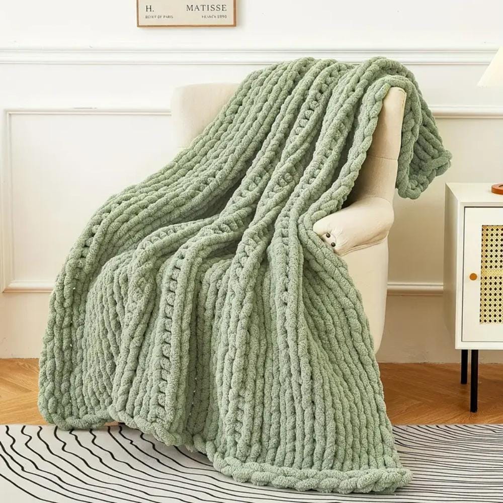 Luxurious Chunky Knit Blanket - Lime Cream Chenille Yarn - 40" x 60" Soft Throw for Cozy Living Room Décor