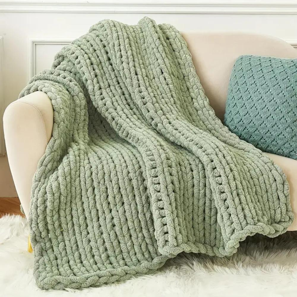 Luxurious Chunky Knit Blanket - Lime Cream Chenille Yarn - 40" x 60" Soft Throw for Cozy Living Room Décor